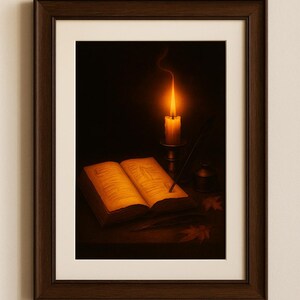May include: Framed artwork showing a candle flame lighting an open book, quill, and inkwell. The candle's warm glow highlights the aged pages of the book and the surrounding objects. The artwork is framed in a dark brown wooden frame.