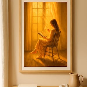 Può includere: Una stampa incorniciata raffigura una persona con un abito giallo che legge un libro vicino a una finestra soleggiata. La persona è seduta su una sedia di legno, con in mano una tazza. Un tavolo in primo piano ha un libro e una brocca. La scena è calda.
