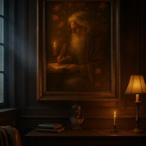 Può includere: Un dipinto incorniciato di un uomo anziano che scrive con una penna d'oca, illuminato dalla luce delle candele. La stanza presenta boiserie in legno scuro, una poltrona in pelle, un piccolo busto e una lampada accesa, creando un'estetica calda e vintage.
