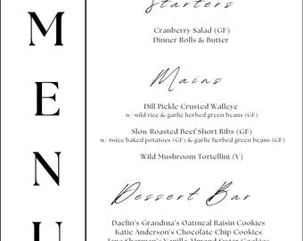 Modèle de menu de mariage script élégant, minimaliste moderne (téléchargement instantané)