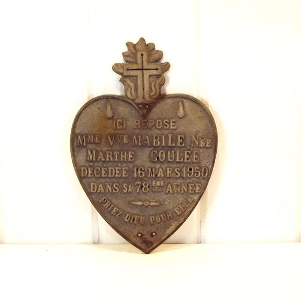 Vintage French Memorial Plaque Heart with Cross