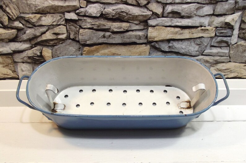 Vintage Blue Enamel Fish Pan Fish Poacher Three Piece Pan Etsy