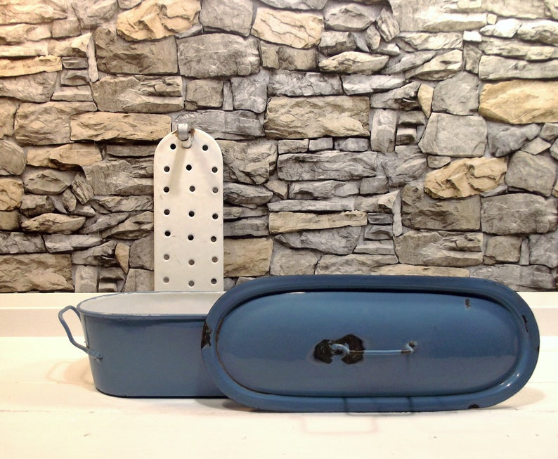 Vintage Blue Enamel Fish Pan Fish Poacher Three Piece Pan Etsy