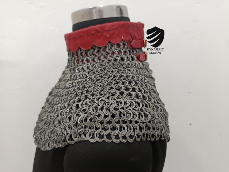 May include: A silver chainmail collar with a red leather trim and two buckles. The collar is on a mannequin and the text "DYNAMIC REGION" is visible on the right side of the image.