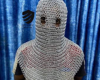 Medieval Aluminium Chainmail Hood: 10mm Butted Coif, LARP Cosplay Costume