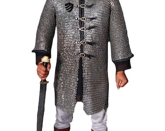 Medieval Mild Steel Chainmail Hauberk: Open Front SCA Reenactment Armour