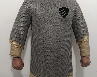 Medieval Chainmail Haubergeon: 6mm Mild Steel, Brass Ring - Reenactment Armor