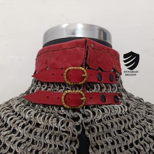 May include: A red leather collar with two gold buckles and black straps. The collar is attached to a chainmail garment.