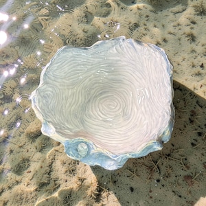 May include: A white ceramic bowl with a textured, swirling pattern inside and a light blue rim. The bowl is set in shallow water with a sandy bottom, creating a serene and natural aesthetic. The bowl's design evokes a sense of organic forms.