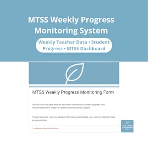 Könnte beinhalten: Ein digitales Dokument mit dem Titel MTSS Weekly Progress Monitoring System mit einem weißen Blattsymbol auf blauem Hintergrund. Das Formular enthält Abschnitte für wöchentliche Lehrerdaten, Schülerfortschritte und ein MTSS-Dashboard.
