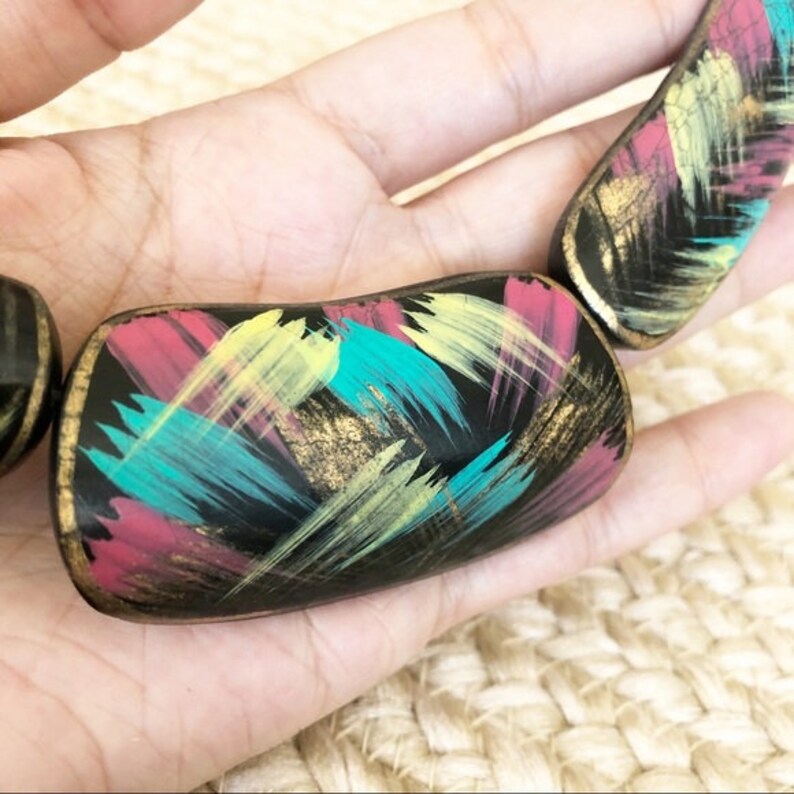 wooden bead necklace Vintage Boho Painted Wood Bead Necklace wood jewelry