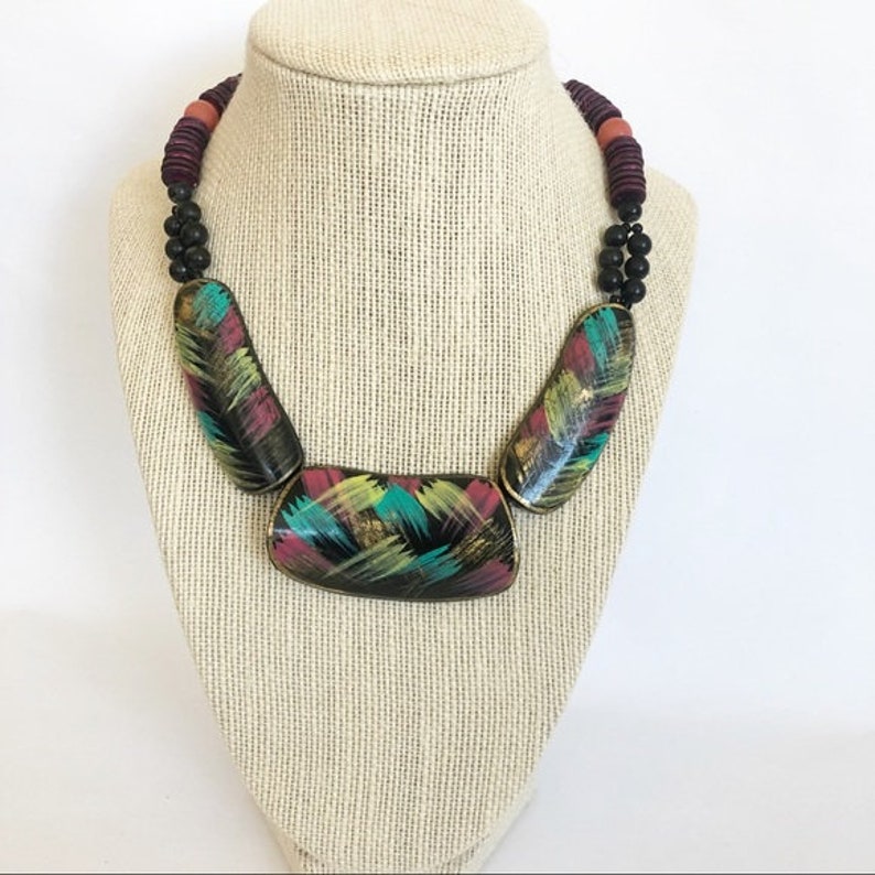 wooden bead necklace Vintage Boho Painted Wood Bead Necklace wood jewelry