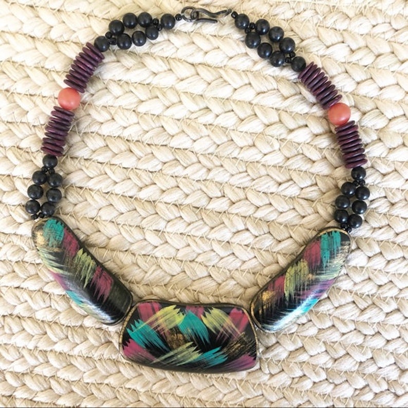 wooden bead necklace Vintage Boho Painted Wood Bead Necklace wood jewelry