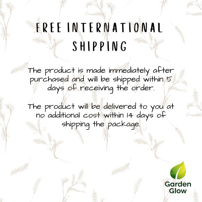 Illustration of Garden Glow’s international shipping policy. The image highlights free global shipping within 14 days, showing a clean design and icons related to worldwide delivery. Ideal for reinforcing reliability and customer trust while presenting the product as perfect for gifting across borders.