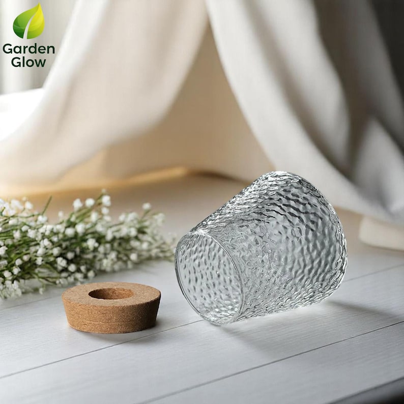 Photo of a single hydroponic glass vase with cork top and decorative white flowers on a light wooden surface. Highlights the product’s elegance and soft aesthetic, making it ideal for bedrooms, desks or gift sets. Focused on minimalist and sustainable living decor lovers.