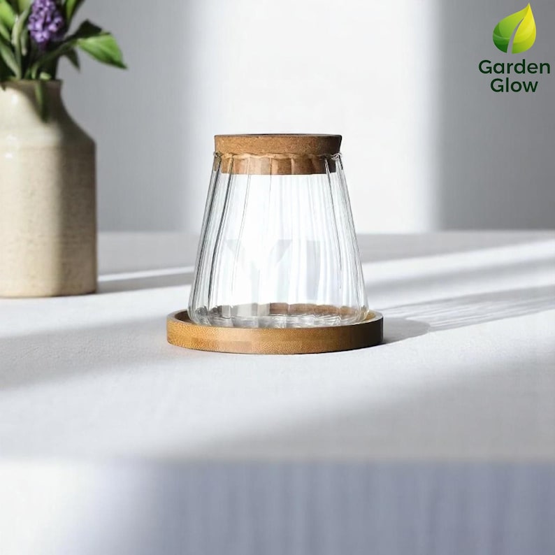 Bright, clean photo of the hydroponic vase placed on a white table in natural light. Shows the product’s bamboo base and compact size. Ideal for demonstrating how the vase fits into calm, modern interiors and emphasizing its use for small-scale propagation.