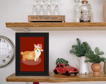 May include: A black framed print with a red background featuring a cartoon corgi wearing a Santa hat. The corgi is brown and white and is standing on a red platform.