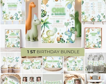 Dinosaur 1st Birthday Invitation Bundle: Dino Party Decorations (Digital Download)
