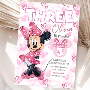Editable Minnie Mouse Birthday Invitation, Minnie Mouse Birthday, Three Birthday, Mouse Invitation, Minnie mouse 3rd birthday invitations