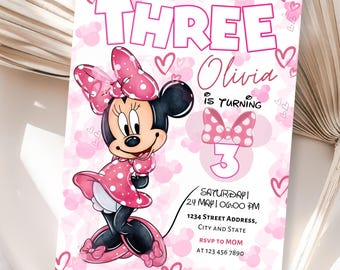 Editable Minnie Mouse 3rd Birthday Invitation: Canva Template (Digital Download 5x7" )