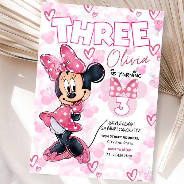 Editable Minnie Mouse 3rd Birthday Invitation: Canva Template (Digital Download 5x7" )