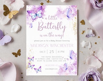 Purple Butterfly Baby Shower Invitation, Girl Shower Invitation Template (Digital Download)