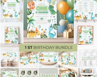 Dinosaur 1st Birthday Invitation Bundle, Dino Party Decorations (Digital Download)