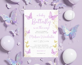 Fioletowo-złote zaproszenie na baby shower z motylem (do pobrania cyfrowego)