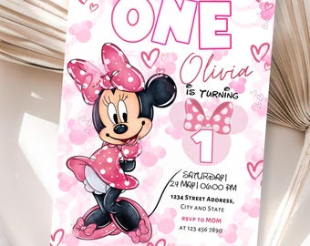 Minnie Mouse First Birthday Invitation, Pink Hearts, Editable (Digital Download)