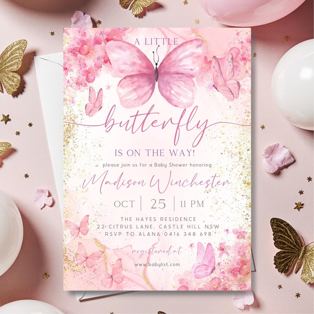 Butterfly Baby Shower Invitation Template: Editable Canva Design (5x7 ...