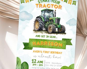 May include: Green and yellow tractor birthday party invitation with the text "Start Your Tractor" and "Avery's First Birthday is almost here!"  The invitation includes the date "12 June" and the time "2PM - 5PM".