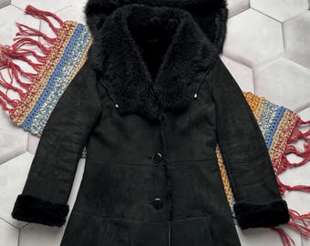 Vintage Black Shearling Coat Hooded Real Sheepskin Jacket Winter Coat Y2K