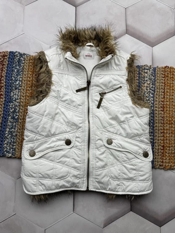Vintage Y2K White Vest Faux Fur Hooded Zip up Gilet Women Winter