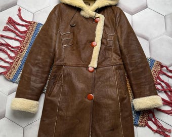 Vintage Manteau en cuir de mouton marron à capuche Long manteau d'hiver femme
