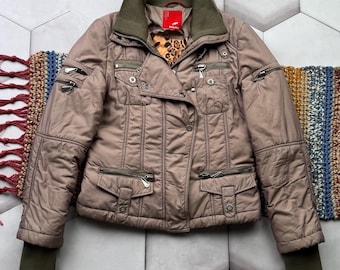 Vintage taupe dames gewatteerd bomberjack korte winterjas