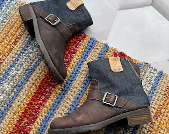 Vintage Denim Ankle Brown Leather Buckle Boots Y2K Moto Booties Western Chunky Heel Boots