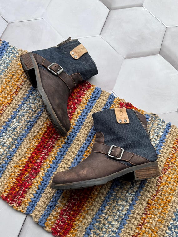 Vintage Denim Ankle Brown Leather Buckle Boots Y2K Moto Booties Western Chunky Heel Boots