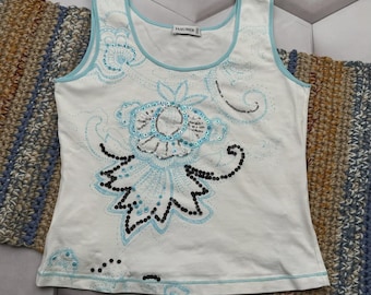 Vintage White Embroidered Tank Top Beaded Floral Y2K Summer Women