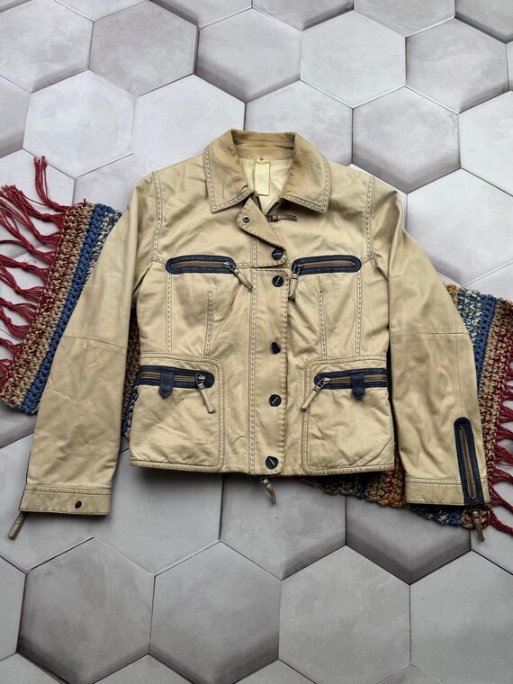 Vintage Beige Leather Jacket Women Y2K Utility Moto Zip Pocket Biker Minimalist Jacket