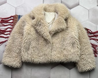 Veste en peluche beige - Manteau court en fausse fourrure Veste duveteuse hiver confortable femme
