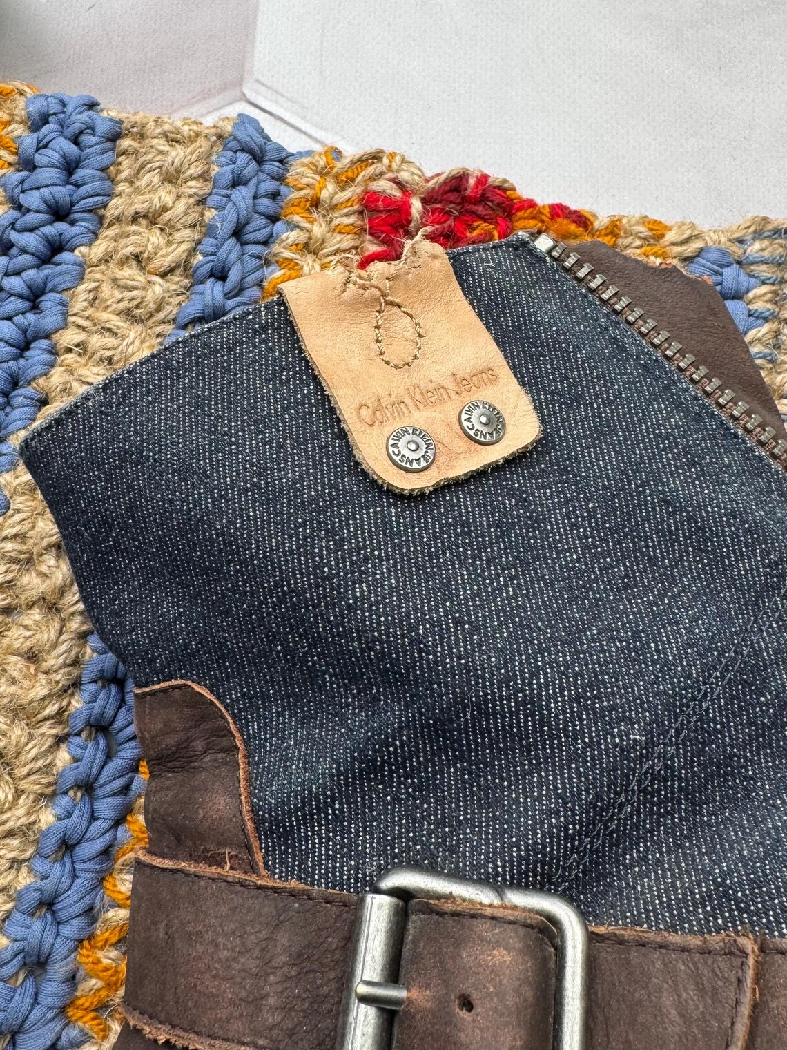 Vintage Denim Ankle Brown Leather Buckle Boots Y2K Moto Booties Western Chunky Heel Boots, foto 2 di 5