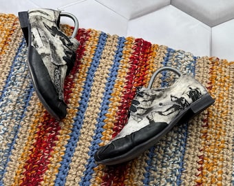 Mocassins en cuir abstraits vintage pour femmes, noir blanc, sans lacets, chaussures artistiques avant-gardistes