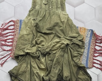 Green Cotton Ruffle Maxi Dress: Boho Cottagecore Summer Style
