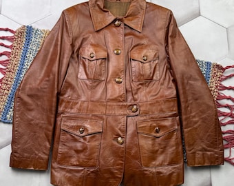 Vintage Brown Leather Jacket Women Classic Button Up Coat Retro 90s Jacket