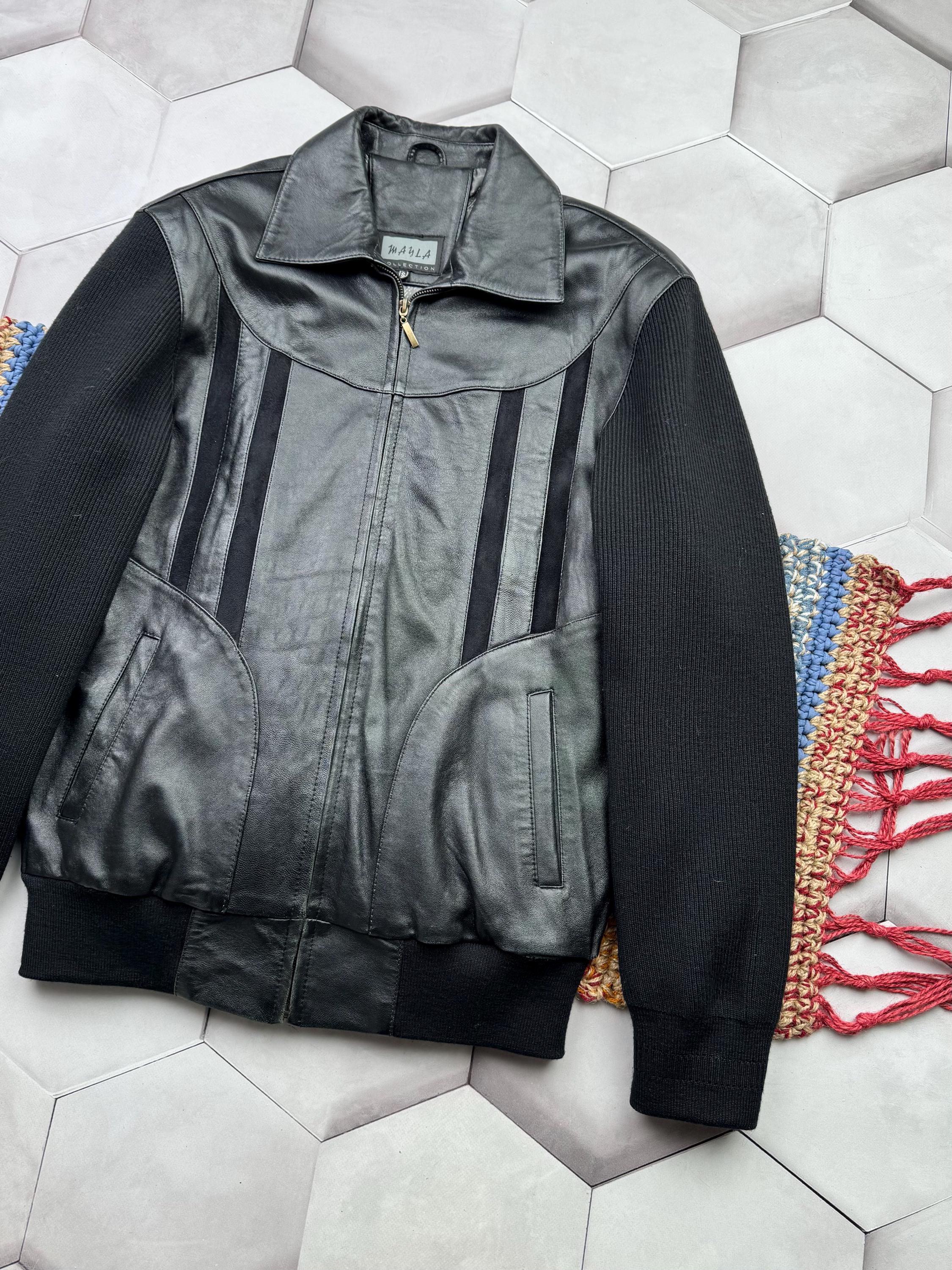 Y2K Black Leather Bomber Jacket Women's Zip Front Knit Sleeve