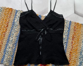 Vintage zwarte kanten cami-top dames Y2K gebreid hemd Gothic Coquette Fairy Grunge