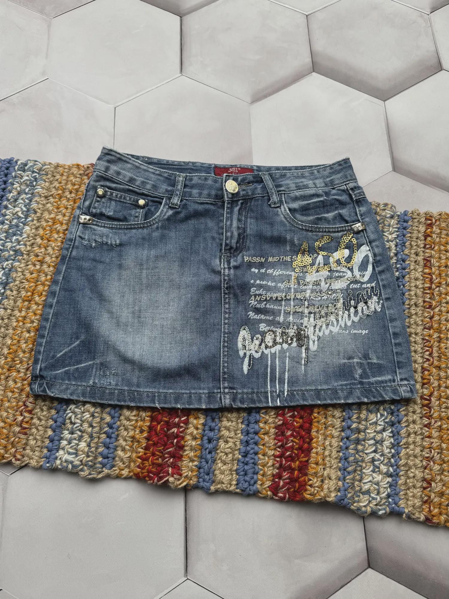 Vintage Y2K Denim Mini Skirt Graphic Low Rise Blue Jean Streetwear