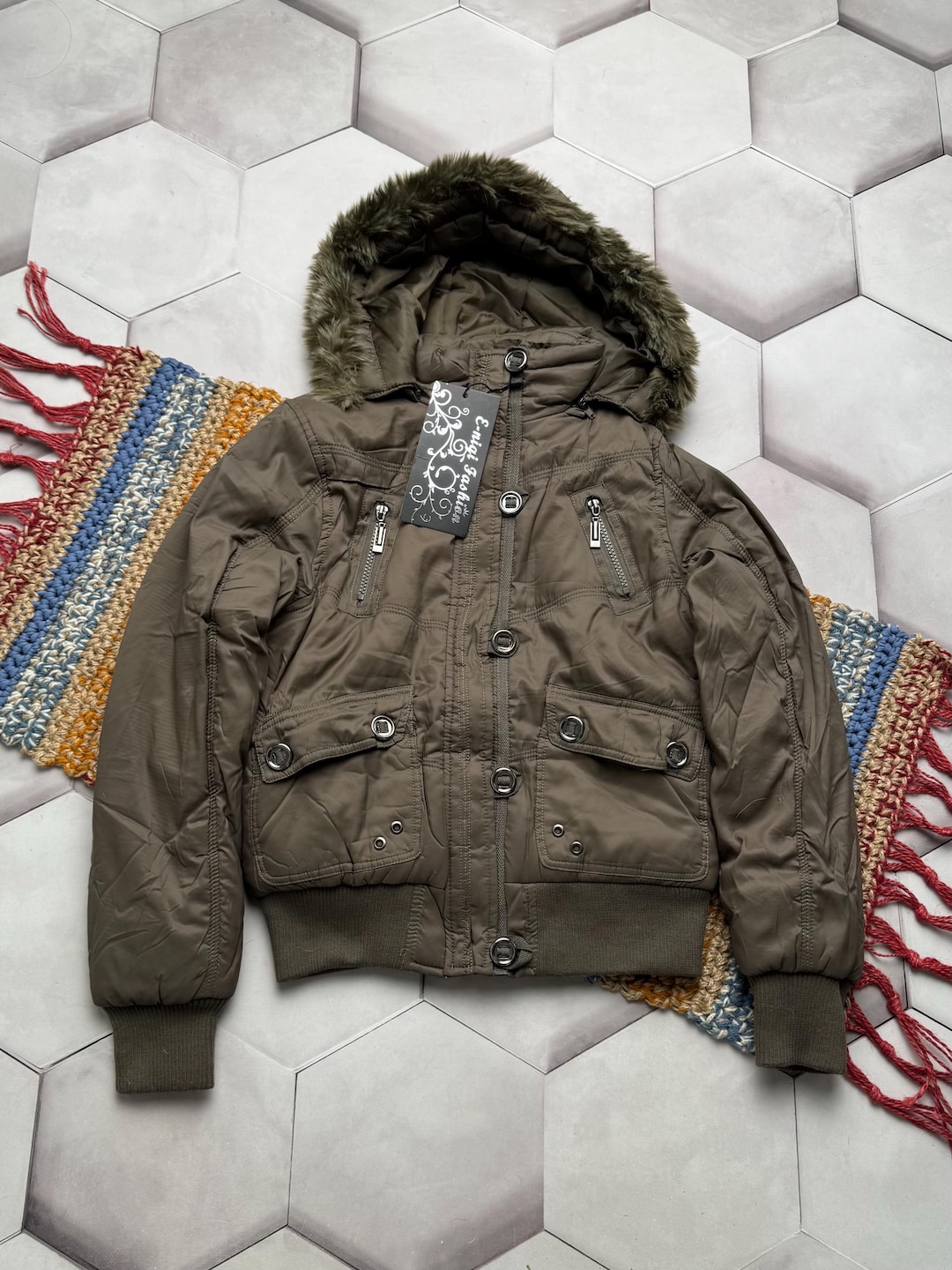 Vintage Khaki Hooded Jacket Women Plush Lined Bomber Y2K Utility