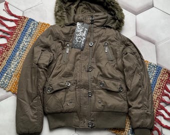 Giacca con cappuccio vintage color kaki da donna, bomber foderato in peluche, cappotto invernale utility anni 2000