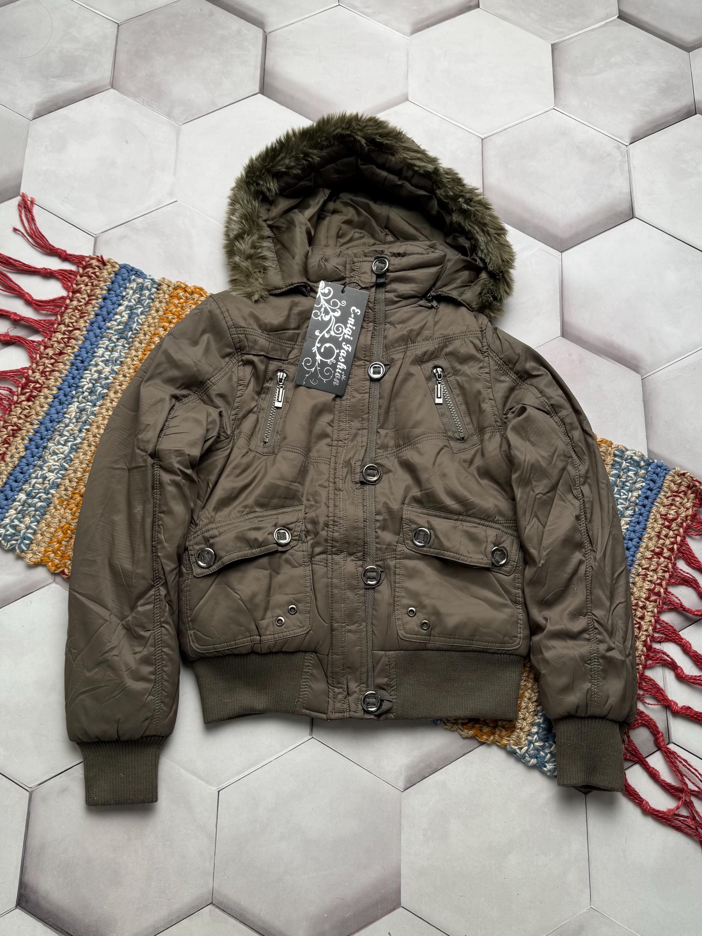 Vintage Khaki Hooded Jacket Women Plush Lined Bomber Y2K Utility